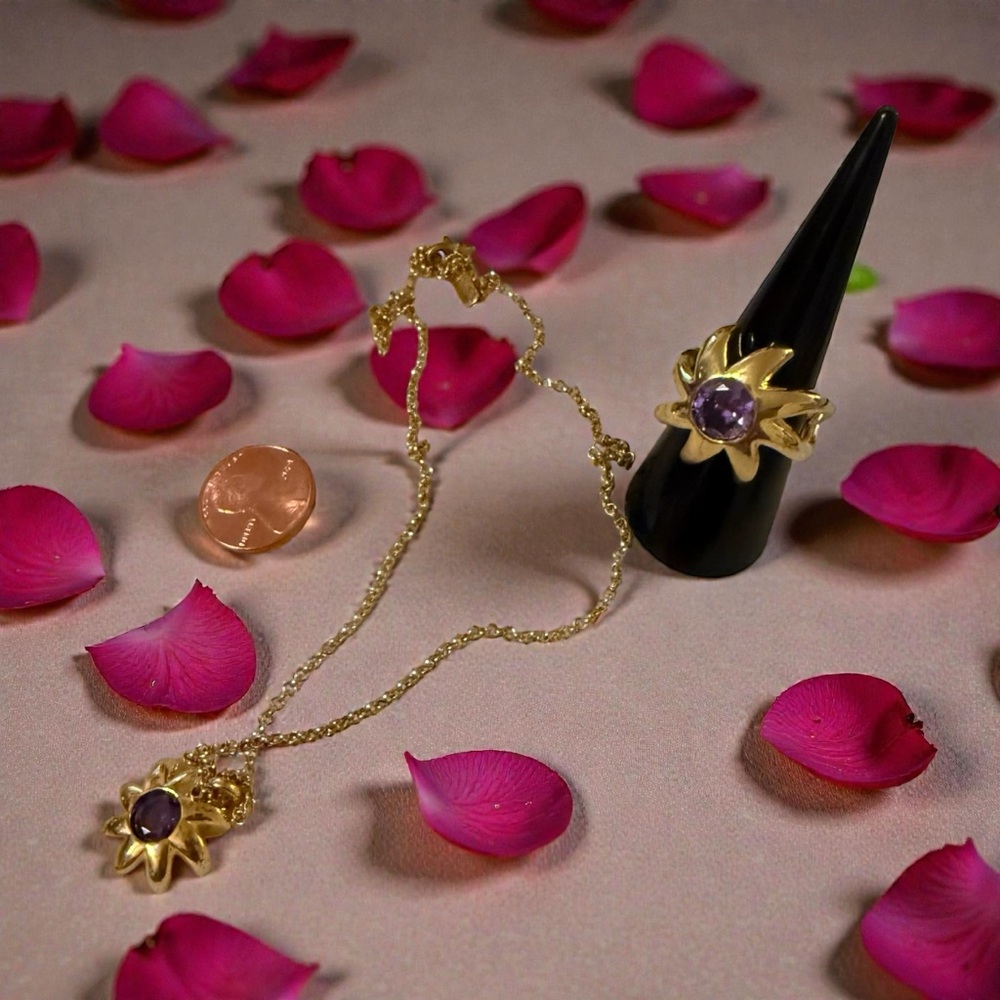 Gold 925 and Purple Sunflower Jewelry Set Chain: 18” Ring: 8